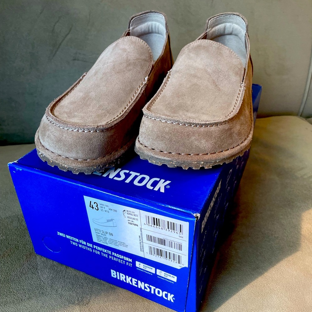 NWT Birkenstock Utti Slip On Suede - Grey Taupe - Size 43 / Mens 10 - no insoles